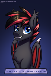 Size: 2000x3000 | Tagged: safe, artist:jedayskayvoker, oc, oc:nightzeroni, bat pony, blue eyes, chest fluff, cute, ear fluff, handsome, male, smiling, stallion, two toned mane, wings