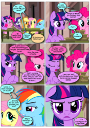 Size: 868x1230 | Tagged: safe, edit, edited screencap, screencap, applejack, fluttershy, pinkie pie, rainbow dash, rarity, twilight sparkle, g4, my little pony: friendship is magic, the cutie map, amused, comic, conversation, dialogue, drunk, grumpy, our town, screencap comic, text