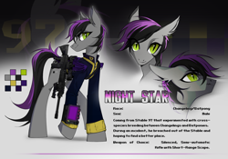 Size: 3562x2492 | Tagged: safe, artist:teturirusu, oc, oc only, oc:night star, bat pony, changeling, hybrid, pony, fallout equestria, ammunition, clothes, commission, fallout, full body, gun, jacket, looking at you, male, male oc, military uniform, reference, reference sheet, solo, stallion, stallion oc, tail, two toned mane, two toned tail, uniform, walking, weapon, wings, ych result