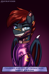 Size: 2000x3000 | Tagged: safe, artist:jedayskayvoker, oc, oc:nightzeroni, bat pony, bat pony oc, grin, latex, male, shiny, smiling, solo, solo male