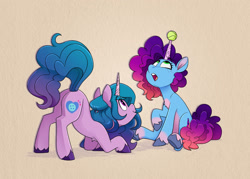 Size: 2000x1429 | Tagged: safe, artist:luximus17, izzy moonbow, misty brightdawn, pony, unicorn, g5, ball, duo, duo female, female, horn, izzy's tennis ball, looking at someone, looking up, mare, paper background, rebirth misty, tennis ball