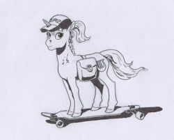 Size: 998x802 | Tagged: safe, artist:adeptus-monitus, lyra heartstrings, pony, unicorn, g4, horn, monochrome, skateboard, solo, traditional art