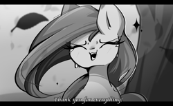 Size: 2550x1573 | Tagged: safe, artist:miryelis, fluttershy, pegasus, pony, g4, big ears, black and white, crying, grayscale, laughing, leaves, long hair, manga style, monochrome, smiling, solo, tears of laughter, text, tree