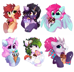 Size: 2047x2000 | Tagged: safe, artist:mirtash, oc, oc only, oc:bead trail, oc:lexing, oc:rivibaes, oc:scoops, earth pony, pegasus, pony, unicorn, bust, donut, eating, food, goggles, heart, heart eyes, high res, horn, ice cream, markings, mask, pale belly, simple background, white background, wingding eyes