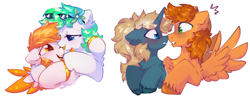 Size: 3800x1500 | Tagged: safe, artist:mirtash, oc, oc only, oc:dawn daze, oc:maple parapet, earth pony, pegasus, pony, unicorn, boop, chest fluff, flower, flower in hair, heart, heart eyes, horn, hug, male, noseboop, simple background, stallion, tongue out, white background, wingding eyes