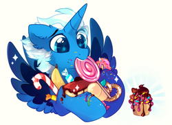 Size: 1309x955 | Tagged: safe, artist:mirtash, oc, oc only, alicorn, pony, alicorn oc, candy, food, horn, solo, wings