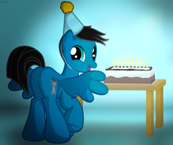 Size: 5148x4320 | Tagged: safe, artist:agkandphotomaker2000, oc, oc only, oc:pony video maker, pegasus, g4, birthday, birthday cake, birthday candles, butt, cake, dock, food, gradient background, hat, high res, looking at you, party hat, pegasus booty, pegasus oc, plate, raised hoof, show accurate, simple background, smiling, smiling at you, solo, spread wings, table, tail, wings