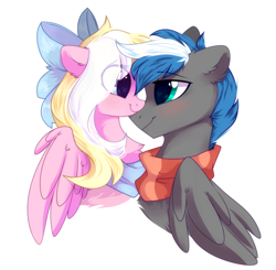 Size: 1388x1361 | Tagged: safe, artist:mirtash, oc, oc only, oc:bay breeze, oc:cloud zapper, pegasus, pony, bow, clothes, female, heart, heart eyes, male, oc x oc, scarf, shipping, straight, wingding eyes