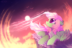 Size: 2449x1632 | Tagged: safe, artist:mirtash, oc, oc only, oc:spectral wind, pegasus, pony, chest fluff, cloud, commission, dawn, female, floppy ears, grass, looking up, lying down, mare, on side, sky, smiling, solo, ych result