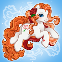 Size: 2400x2400 | Tagged: safe, artist:sparkytopia, january carnation (g3), earth pony, pony, g3, birthflower ponies, blue eyes, female, flower, flower in hair, looking at you, mare, orange mane, signature, solo, white coat