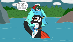 Size: 2364x1373 | Tagged: safe, artist:supahdonarudo, oc, oc only, oc:icebeak, fish, salmon, seapony (g4), cloud, dialogue, forest, jewelry, nature, necklace, ocean, rock, speech bubble, text, tree, water