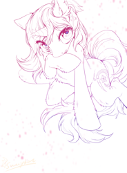 Size: 2224x3021 | Tagged: safe, artist:swaybat, oc, oc only, oc:oofy colorful, pony, unicorn, female, horn, looking at you, monochrome, solo