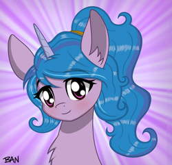 Size: 1858x1794 | Tagged: safe, artist:banquo0, izzy moonbow, pony, unicorn, g5, my little pony: tell your tale, alternate hairstyle, bust, eyebrows, eyebrows visible through hair, female, horn, ponytail, smiling, solo