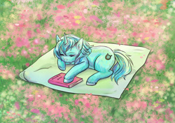 Size: 900x634 | Tagged: safe, artist:fomminator, lyra heartstrings, pony, unicorn, fanfic:background pony, g4, book, cyrillic, horn, lying down, picnic blanket, prone, russian, solo