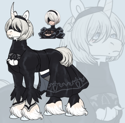 Size: 1280x1257 | Tagged: safe, artist:malinraf1615, human, pony, unicorn, blindfold, clothes, dress, female, horn, mare, nier: automata, ponified, solo