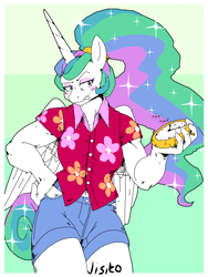 Size: 3072x4096 | Tagged: safe, artist:jisito, princess celestia, alicorn, anthro, between dark and dawn, g4, my little pony: friendship is magic, season 1, blushing, breasts, clock, clothes, female, hawaiian shirt, mare, shirt, shorts, signature, solo, sparkles, sparkly mane, sparkly tail, tail