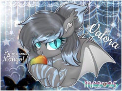 Size: 2048x1536 | Tagged: safe, artist:ml2, oc, oc only, oc:valora, bat pony, pony, bat wings, cute, daaaaaaaaaaaw, female, food, looking at you, mango, mare, solo, wings