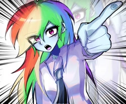 Size: 1567x1299 | Tagged: safe, artist:pulse, rainbow dash, human, equestria girls, g4, anime, clothes, ear piercing, female, fingerprint, looking at you, necktie, open mouth, piercing, pointing, solo, speed lines, zoom layer