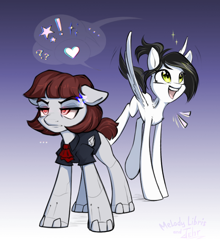 Size: 646x733 | Tagged: safe, alternate version, artist:jehr, artist:melodylibris, oc, oc only, oc:disigma, oc:kera grint, android, pegasus, pony, robot, robot pony, ..., annoyed, artificial wings, augmented, black hair, black mane, bobcut, bun hairstyle, chest fluff, clothes, collaboration, colored, cravat, digital art, duo, duo female, ears back, ears up, exclamation point, eyelashes, female, floppy ears, funny, glowing, glowing eyes, gradient background, gray body, green eyes, heart, jacket, jumping, lanky, lineart, long legs, looking away, looking up, mare, mechanical wing, open mouth, open smile, ponytail, question mark, red eyes, robotic arm, short hair, short tail, shrunken pupils, simple background, sketch, skinny, smiling, sparkles, speech bubble, spread wings, standing, standing on two hooves, stars, synth, tail, tall, teeth, thin, tongue out, white body, wings