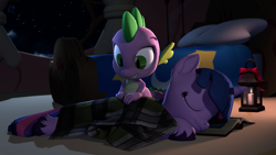 Size: 3840x2160 | Tagged: safe, artist:owlpirate, spike, twilight sparkle, dragon, pony, g4, 3d, 4k, bed, bedroom, blanket, book, duo, duo male and female, eyes closed, female, golden oaks library, high res, lantern, lying down, male, mare, prone, sleeping, source filmmaker, sploot, unshorn fetlocks