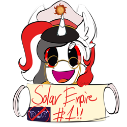 Size: 1856x1856 | Tagged: safe, artist:cupute, oc, oc:red rocket, unicorn, equestria at war mod, commission, glasses, happy, hat, horn, looking at you, new lunar republic, peaked cap, sign, simple background, solar empire, solo, transparent background, unicorn oc, ych result