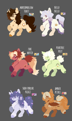 Size: 2698x4539 | Tagged: safe, artist:nkukubean, applejack, big macintosh, donut joe, fluttershy, pinkie pie, rainbow dash, rarity, tree hugger, oc, oc:amber petals, oc:bella bella, oc:fire watch, oc:marshmallow toast, oc:peartree posey, oc:soda parlor pizazz, earth pony, pegasus, pony, unicorn, g4, blaze (coat marking), body freckles, bow, brown mane, brown wings, cheek fluff, chest fluff, chest freckles, coat markings, colored belly, colored chest fluff, colored wings, cream coat, earth pony oc, facial markings, female, fetlock tuft, freckles, gray background, green coat, green hooves, hair bow, horn, jewelry, leg fluff, leg markings, lesbian, magical lesbian spawn, male, necklace, offspring, orange coat, orange hooves, orange mane, parent:applejack, parent:big macintosh, parent:donut joe, parent:fluttershy, parent:pinkie pie, parent:rainbow dash, parent:rarity, parent:tree hugger, parents:appledash, parents:fluttermac, parents:rarijack, parents:raripie, pegasus oc, purple coat, purple hooves, purple mane, red coat, ribbon, ship:appledash, ship:fluttermac, ship:rarijack, ship:raripie, shipping, simple background, standing on two hooves, straight, tail, tail bow, three toned mane, three toned tail, unicorn oc, white coat, wings