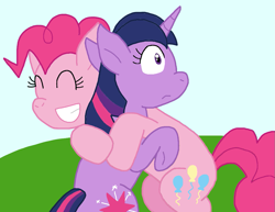 Size: 1031x794 | Tagged: safe, artist:cmara, pinkie pie, twilight sparkle, earth pony, pony, unicorn, g4, duo, duo female, female, hug, lesbian, outdoors, ship:twinkie, shipping, unicorn twilight