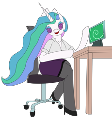 Size: 2447x2651 | Tagged: safe, artist:timejumper, princess celestia, alicorn, anthro, g4, chair, clothes, computer, desk, high heels, hypnosis, pantyhose, secretary, shoes, skirt, solo, spiral, swirly eyes