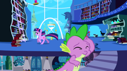 Size: 1920x1080 | Tagged: safe, screencap, spike, twilight sparkle, dragon, pony, friendship is magic, g4, my little pony: friendship is magic, book, twilight's canterlot home