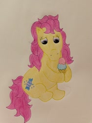 Size: 904x1200 | Tagged: safe, artist:ponytales, bon bon (g1), earth pony, pony, g1, female, filly, foal, food, ice cream, ice cream cone, sitting, solo, tail, traditional art