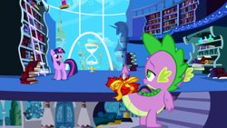 Size: 1920x1080 | Tagged: safe, screencap, spike, twilight sparkle, dragon, pony, friendship is magic, g4, my little pony: friendship is magic, book, present, twilight's canterlot home