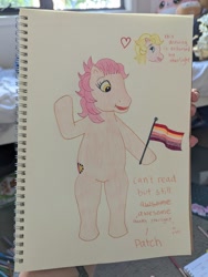 Size: 903x1200 | Tagged: safe, artist:ponytales, patch (g1), starlight (g1), earth pony, pony, g1, bipedal, dialogue, female, filly, flag, foal, heart, lesbian, lesbian pride flag, open mouth, pride, pride flag, raised arm, ship:patchlight, shipping, traditional art