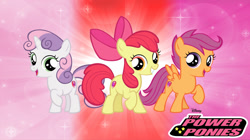 Size: 1193x670 | Tagged: safe, artist:unitedsaint, apple bloom, scootaloo, sweetie belle, earth pony, pegasus, unicorn, g4, cutie mark crusaders, female, horn, the powerpuff girls, trio, trio female