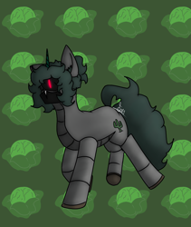 Size: 1440x1706 | Tagged: safe, artist:thomas.senko, oc, oc only, oc:thomas senko, cyborg, cyborg pony, cyclops, cyclops pony, pony, robot, robot pony, unicorn, 2025, background, brown hooves, cactus, detailed background, digital art, digital painting, food, gray fur, green background, green hair, green mane, green tail, hair, horn, lettuce, lettuces, long hair, long tail, male, male oc, metal, metallic, one eye, one eyed, quadrupedal, red eye, red eyes, silly, simple background, solo, solo male, tail, walk, walking