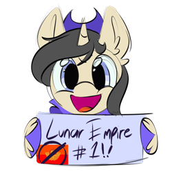 Size: 1856x1856 | Tagged: safe, artist:cupute, oc, oc only, oc:royce winters, unicorn, equestria at war mod, black hair, commission, happy, hat, horn, long live the lunar empire, simple background, solo, transparent background, ych result