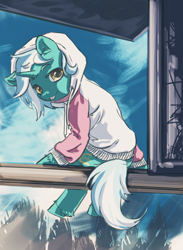 Size: 2450x3350 | Tagged: safe, artist:kovoranu, lyra heartstrings, unicorn, g4, clothes, cloud, horn, looking at you, looking back, looking back at you, sitting, solo, window