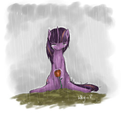 Size: 1200x1125 | Tagged: safe, artist:tsukamoto-san, twilight sparkle, pony, unicorn, g4, crying, eyes closed, female, flower, horn, mare, outdoors, rain, rose, signature, solo, unicorn twilight