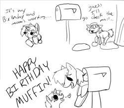 Size: 984x856 | Tagged: artist needed, safe, derpy hooves, dinky hooves, pegasus, pony, unicorn, g4, crying, derpy inside a mailbox, duo, duo female, equestria's best mailmare, equestria's best mother, female, floating heart, happy birthday, heart, horn, mailbox, monochrome, open mouth, open smile, simple background, smiling, tears of joy, white background