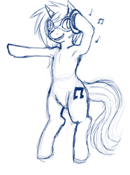 Size: 952x1280 | Tagged: safe, dj pon-3, vinyl scratch, pony, unicorn, g4, armpits, belly, bipedal, female, headphones, horn, mare, monochrome, music notes, skech, sketch, solo, vinyl's glasses