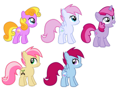 Size: 1024x768 | Tagged: safe, artist:kharmacal, apple sprout, cottonbelle, lullaby moon, sunny daze, earth pony, pegasus, pony, unicorn, g4, female, filly, foal, horn, lily (g4), simple background, transparent background, two toned hair