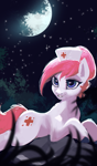 Size: 2260x3840 | Tagged: safe, artist:hierozaki, nurse redheart, earth pony, pony, g4, beautiful, female, full moon, grass, grin, high res, lying down, mare, moon, night, outdoors, prone, smiling, solo, starry night