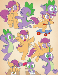 Size: 1531x1988 | Tagged: safe, artist:furseiseki, apple bloom, cheerilee, scootaloo, spike, sweetie belle, oc, oc:emziko, earth pony, pegasus, pony, unicorn, g4, big fat meanie, cutie mark crusaders, female, horn, male, reference, ship:scootaspike, shipping, spongebob reference, spongebob squarepants, straight