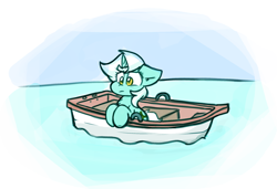 Size: 2342x1606 | Tagged: safe, artist:zutcha, lyra heartstrings, pony, unicorn, g4, boat, castaway, concerned, female, floppy ears, horn, looking down, mare, outdoors, sad, solo, water