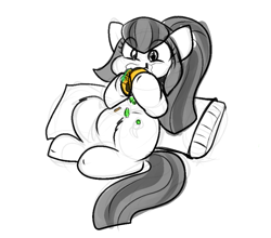 Size: 893x785 | Tagged: safe, artist:zutcha, sonata dusk, earth pony, pony, g4, cute, earth pony sonata dusk, eating, equestria girls ponified, food, grayscale, hoof hold, messy eating, monochrome, partial color, pillow, ponified, simple background, sitting, sketch, solo, sonatabetes, sonataco, taco, white background