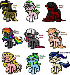 Size: 1108x1179 | Tagged: safe, artist:sexygoatgod, oc, oc only, oc:boiling point, oc:brittle heart, oc:meadow brook, oc:mint drop, oc:quick zap, oc:rain-or-shine, oc:rosehip, oc:storm chaser, oc:sunset boulevard, earth pony, pony, adoptable, chibi, female, group, simple background, transparent background