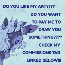 Size: 2000x2000 | Tagged: safe, artist:sutured, derpibooru exclusive, oc, oc only, oc:nightfall, pony, unicorn, advertisement, commission info, commission open, hooves, horn, open mouth, pointing, smiling, solo, text, unshorn fetlocks