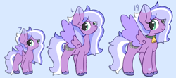 Size: 2298x1021 | Tagged: safe, artist:mimiqq, oc, oc only, oc:satin showers, pegasus, pony, adult, bell, bell collar, collar, female, filly, foal, freckles, growth, happy, hoof heart, long hair, long mane, long tail, mare, nervous, older, pegasus oc, short mane, simple background, smiling, spread wings, tail, teenager, underhoof, unshorn fetlocks, wings