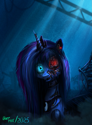 Size: 743x1007 | Tagged: safe, artist:user-fox, princess luna, alicorn, pony, robot, robot pony, g4, animatronic, blue eyes, blue hair, broken, broken horn, creepy, crown, dark, dark background, dust particles, horn, jewelry, looking at you, open mouth, rays of light, red eyes, regalia, scratches, shrunken pupils, smoke, solo, spread wings, wings, wires