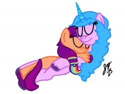 Size: 2000x1500 | Tagged: safe, artist:jesslmc16, izzy moonbow, sunny starscout, earth pony, pony, unicorn, g5, cuddling, duo, duo female, eyes closed, female, females only, horn, lesbian, lying down, mane stripe sunny, mare, ship:moonscout, shipping, signature, simple background, smiling, white background