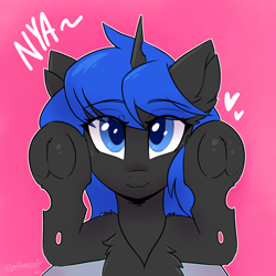 Size: 2000x2000 | Tagged: safe, artist:sonigiraldo, oc, oc only, oc:blue visions, changeling, changeling oc, chest fluff, ear fluff, female, front view, heart, horn, looking at you, smiling, smiling at you, underhoof